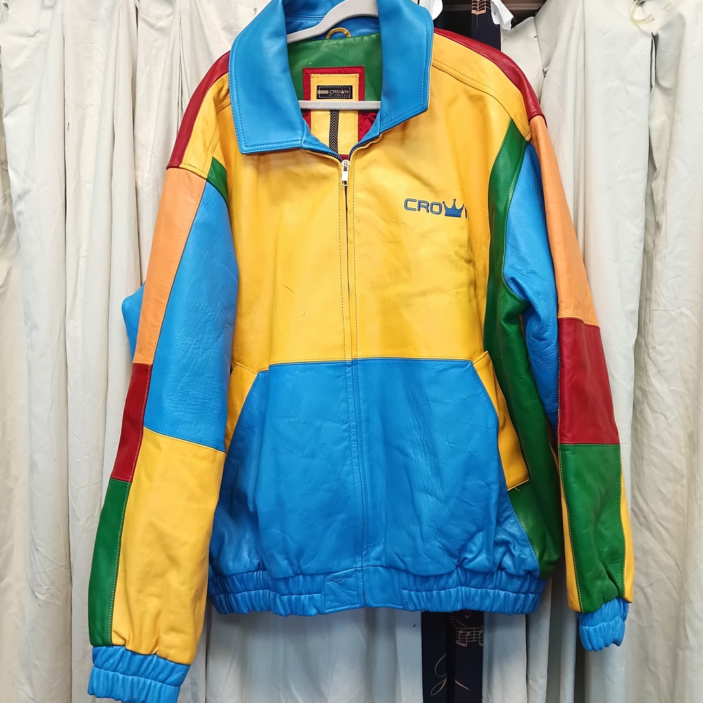 Crown Multicolor Leather Bomber Jacket in Yellow & Blue